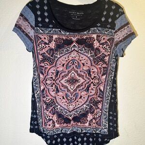 Lucky Brand Women's Short Sleeve Top - Navy and Pink